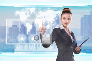 Young business lady works with virtual graphic interface in futuristic office