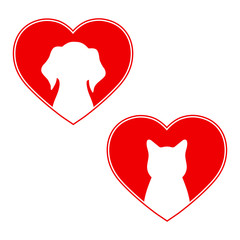 cat with a dog on a background of red heart