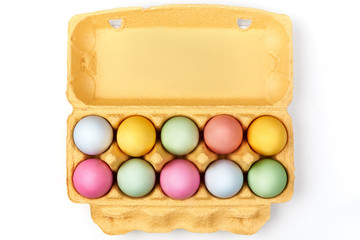 Easter holiday symbols colorful eggs background white and pattern colors on palette