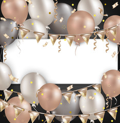 Banner template for events, greeting cards, sales, party. Balloons, garland, confetti, serpentine on the black background. Vector.