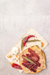 Basturma, dried tenderloin of beef meat, jerky, thinly sliced. Dry rosemary, pepper mix, chili,...