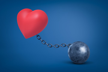 3d rendering of red heart chained to metal ball on blue background