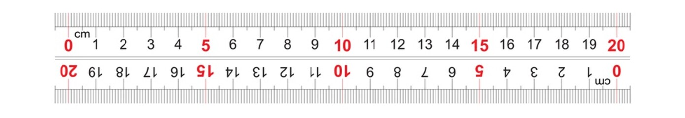 Ruler bidirectional double sided 200 millimeter, 20 centimeter. The division price is 1 mm. Precise measuring tool. Calibration grid.