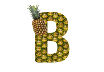 Alphabet letter B made from pineapple on a white background. Tropical fruit pineapple diet summer food.