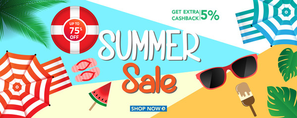 Summer sale banner template with beach umbrellas and tropical leaves background, for shopping sale. banner design. Poster, card, web banner. Vector illustration