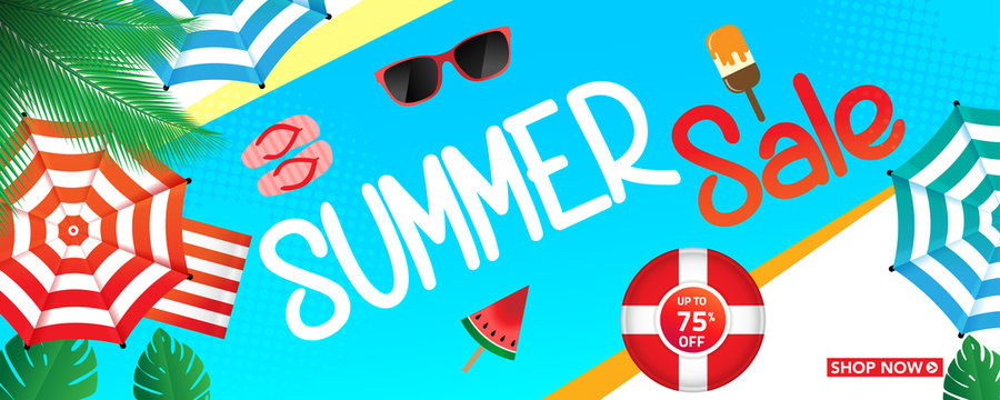 Summer sale banner template with beach umbrellas and tropical leaves background, for shopping sale. banner design. Poster, card, web banner. Vector illustration