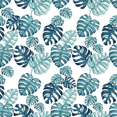 Seamless Pattern of Watercolor Blue Monstera Leaves