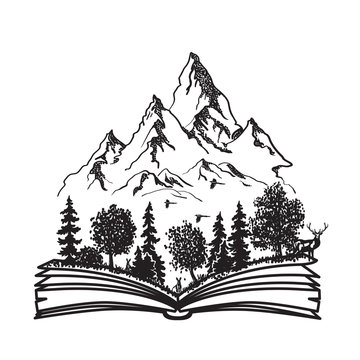 Open book with forest and mountains. Black and white hand drawn sketch. Vector illustration