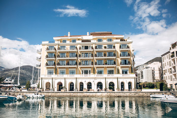 Beautiful view of the architecture, the sea and the yacht in Tivat in Montenegro.