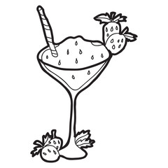 Cartoon doodle illustration of strawberry frozen cocktail, strawberry drink for coloring book, t-shirt print design, greeting card