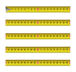 Yellow measure tape, flexible ruler in metal strip.