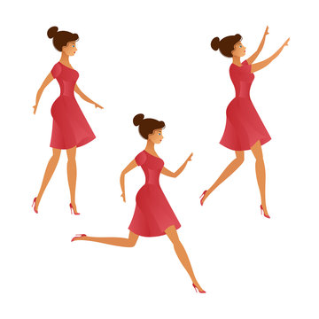 A set of three graceful poses of a slim young woman in a short flowing scarlet summer dress and high-heeled shoes. The girl runs, goes, dances on a white background. Flat style, vector illustration.