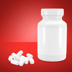 3D White can with vitamins. Bottle with white pills. 3d render. 3D image. 3D model