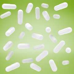 3D White capsule vitamins. White pills in flight. 3d render. 3D image. 3D model