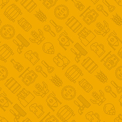 Craft beer seamless pattern with thin line icons related to Octoberfest: beer pack, hop, wheat, bottle opener, manufacturing, brewing, tulip glass, mag with foam, can. Modern vector illustration.