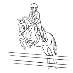 Children's sport. A young rider with horse jumping over an obstacle.