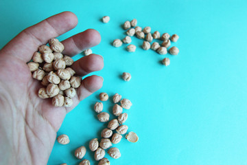 Сhickpeas peas vegan blue food background groats