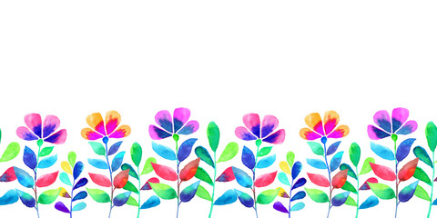 Seamless colorful floral border. Hand-drawn watercolor illustration