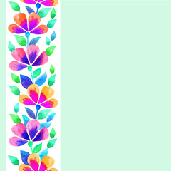 Seamless colorful floral vertical border on a green background. Hand-drawn watercolor illustration