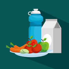water bottle with milk box and fruits with vegetables