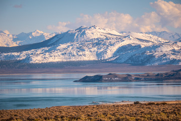 Aerial view over Mono lake - a saline soda lake in Mono County - travel photography