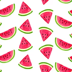 Foto op Plexiglas Watermeloen Naadloos waterverfpatroon met watermeloen dat op witte achtergrond wordt geïsoleerd