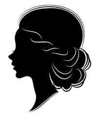 Silhouette of the head of a sweet lady. She shows a woman's hair on medium and long hair. Suitable for advertising, logo. Vector illustration.