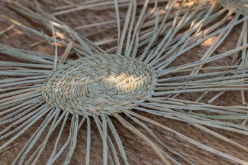 Wickerwork hat and mat texture made from dry sedge background.Closeup surface texture of hand made...