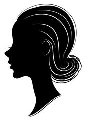 Silhouette of a profile of a sweet lady's head. The girl shows a female hairstyle on medium and long hair. Suitable for logo, advertising. Vector illustration.
