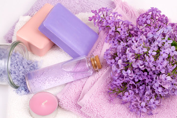 Lilac nature cosmetics, handmade preparation of essential oils, perfume, creams, soaps from fresh and lilac flowers