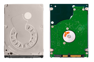 2.5 inch hard drive on white background. Bottom and top view. Isolate