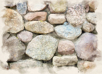 a wall of big stones in watercolors