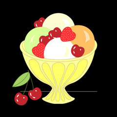 Ice cream balls with different toppings and flavors and fruits