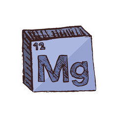Vector three-dimensional hand drawn chemical silver-blue symbol of magnesium with an abbreviation Mg from the periodic table of the elements isolated on a white background.