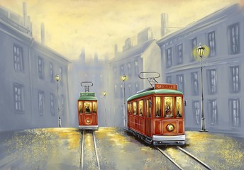 Digital oil paintings landscape, old tram in old city - obrazy, fototapety, plakaty