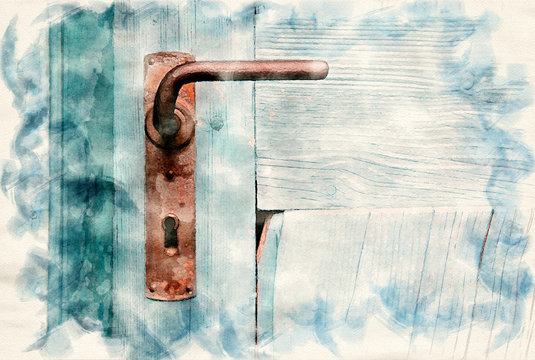 closeup of blue door with old doorhandle
