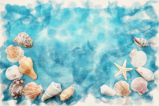seashells in one corner on blue background