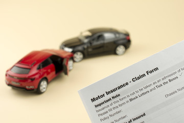 Car crash scene and car insurance document. short term car insurance concept. yellow background