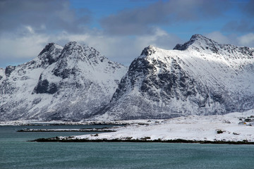 Sandbotnen winter landscape in Lofoten Archipelago, Norway