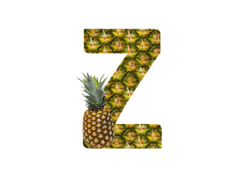 Alphabet letter Z made from pineapple on a white background. Tropical fruit pineapple diet summer food.