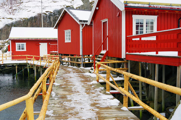 Fototapeta na wymiar Nussfjord village, Lofoten Islands. Norway`s historic fishing village on the water, Europe