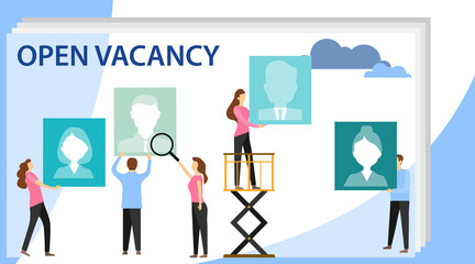 Fototapeta na wymiar Vector business graph, open vacancy. Creative illustrations, businessmen are considering a resume. Business company is looking for an employee for a job.