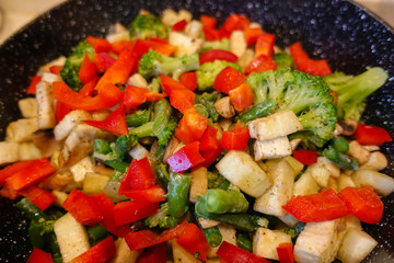 Vegetables cooked in a pan. Mushrooms champignons, broccoli, paprika. Vegetarian food. The concept of healthy eating.