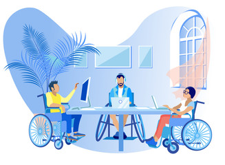 People in Wheelchairs Work Online Cartoon Flat.