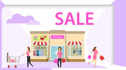 Shopping. Women with shopping out of the boutique. Women with shopping bags out of the boutique.