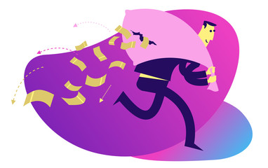 Business infographics with illustrations of business situations. A man runs with a bag of money, and money pours from a hole in the bag. Losing money. Robber. Theft. Flat design illustration.