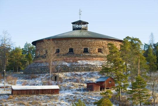 Old round artillery tower on a March morning. Fredriksborg Fortress, Sweden