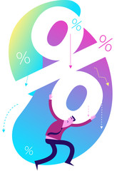 Naklejka premium Flat design illustration for presentation, web, landing page: A team of men and women builds a big percent sign. Big discount on sale, big loan, high interest on bank deposits.