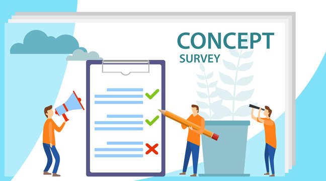 Survey concept banner with characters. Survey vector illustration. Flat mini persons concept with quality test and satisfaction report. Can use for web banner