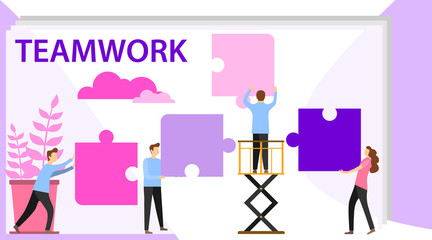 Business concept of vector illustration, little people links of mechanism. Characters of business people holding cogwheels. Business mechanism, abstract background with gears,